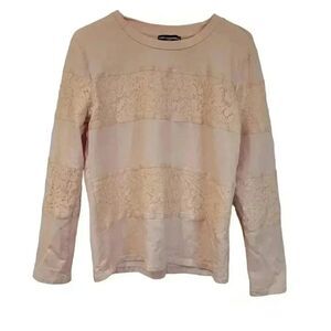Karl Lagerfeld Women's Peach Pink Cotton Blend Knit Lace Striped Crew Neck Sweat